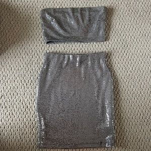 Fashion Nova silver sequin tube top and skirt set